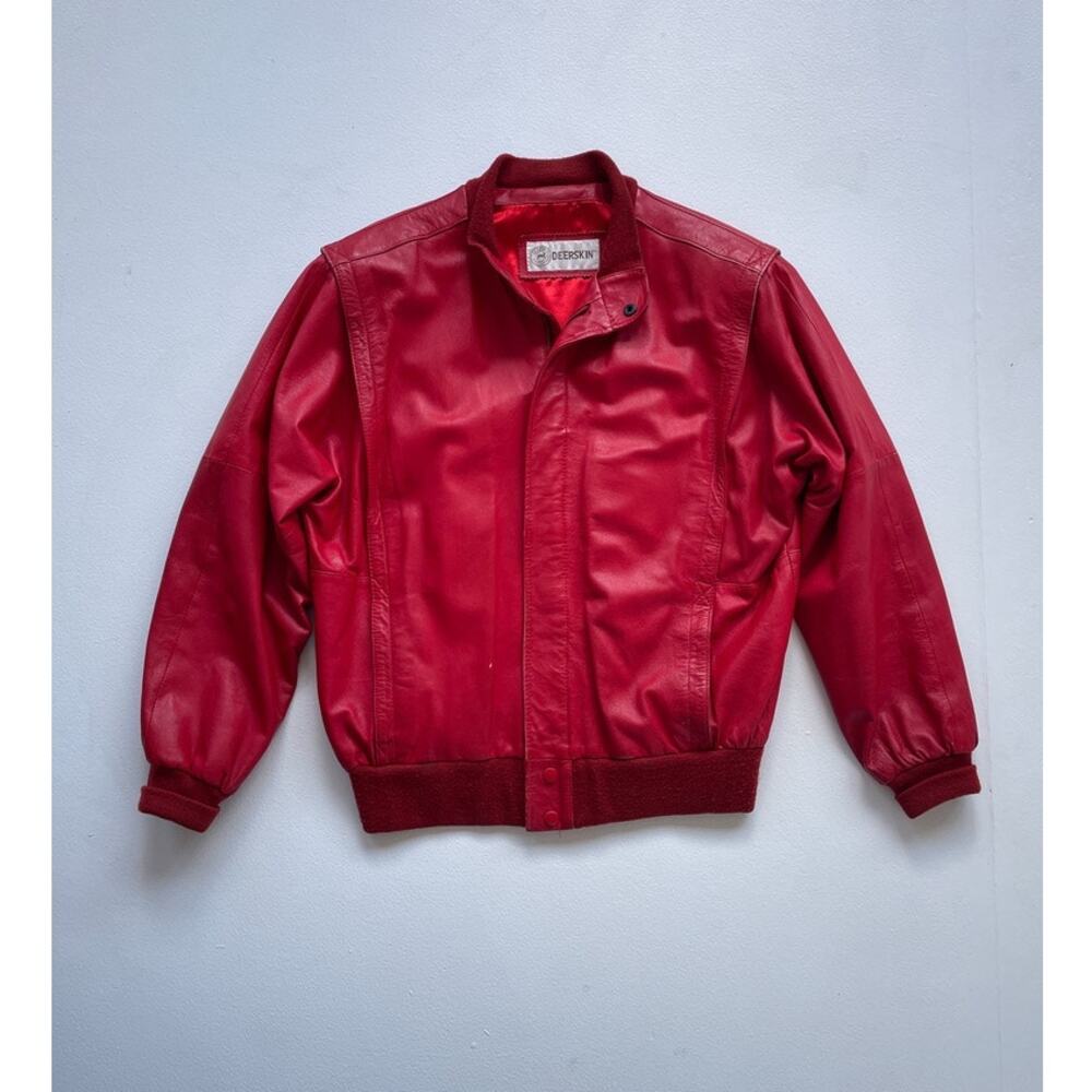 Vtg 80s Red Deerskin Leather Bomber Jacket · Lined Zip Up Oversized · Thriller